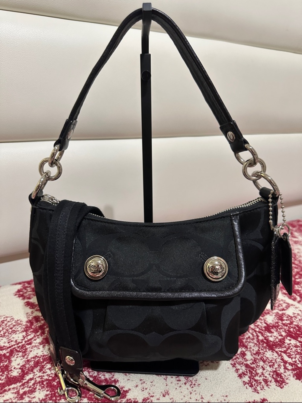 Coach Black Signature Canvas Shoulder Bag with Silver Hardware